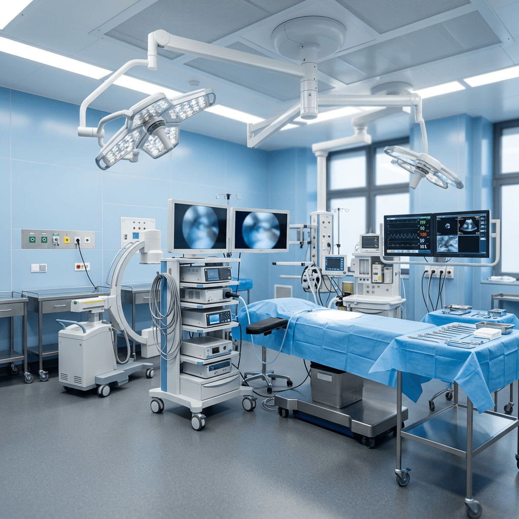 Plateau technique chirurgical moderne — tour d'arthroscopie et bloc opératoire équipé